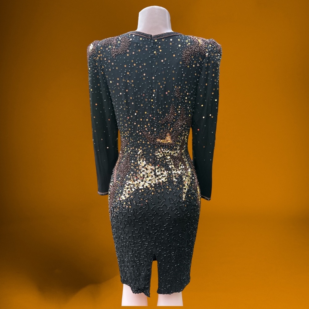 Vintage 80s A.J. Bari Size 6 Black Silk Sequin Beaded Illusion Dress - Picture 5 of 12